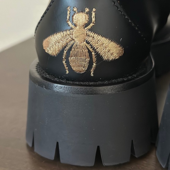 NIB Gucci Cordovan Lux Black Leather Horsebit Bee Embroidered Combat Boots 37.5 - Picture 6 of 15